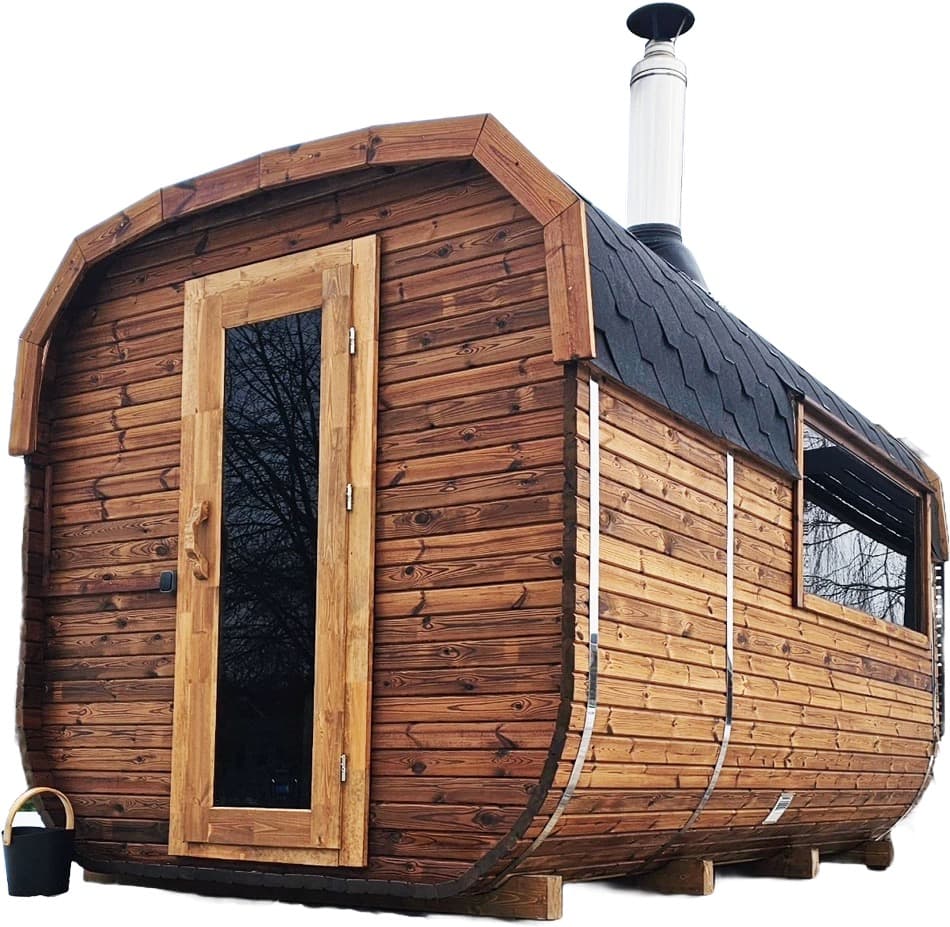An outdoor wooden barrel sauna with a glass door and a chimney stands against a plain white background.