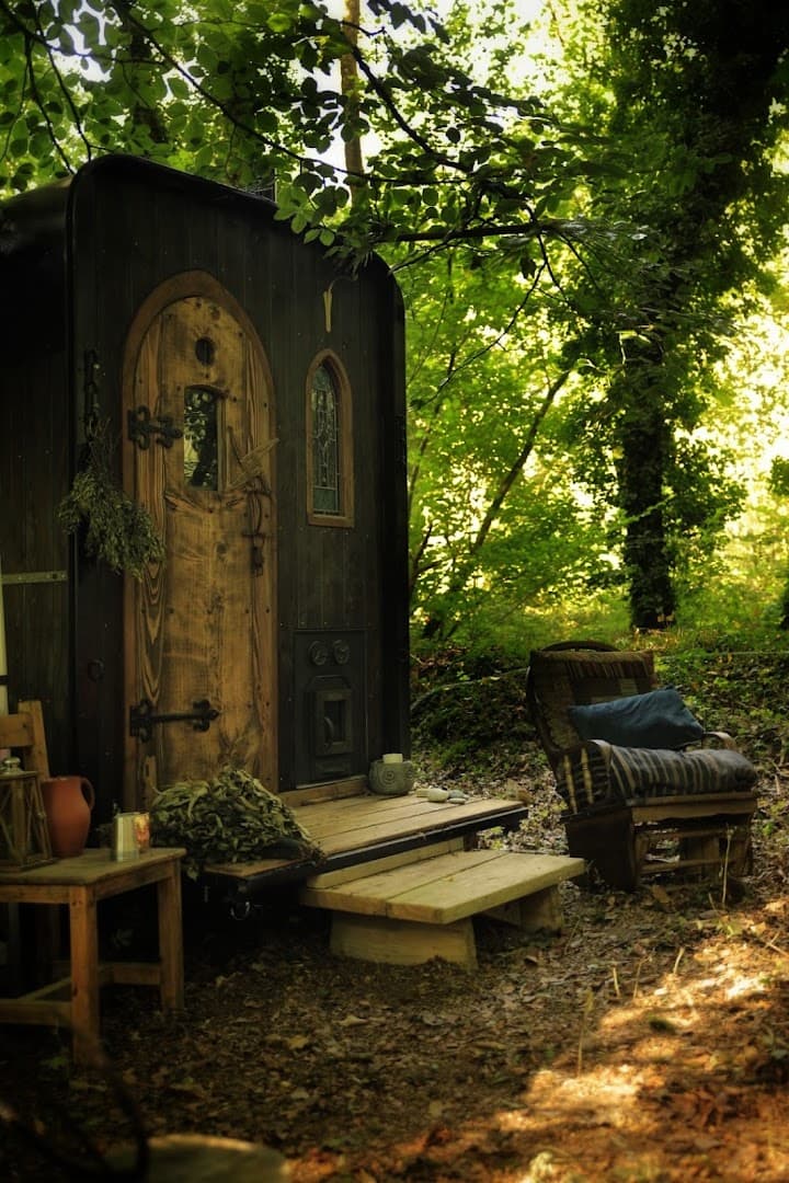 A dark wooden sauna structure stands in a lush forest with an armchair nearby.