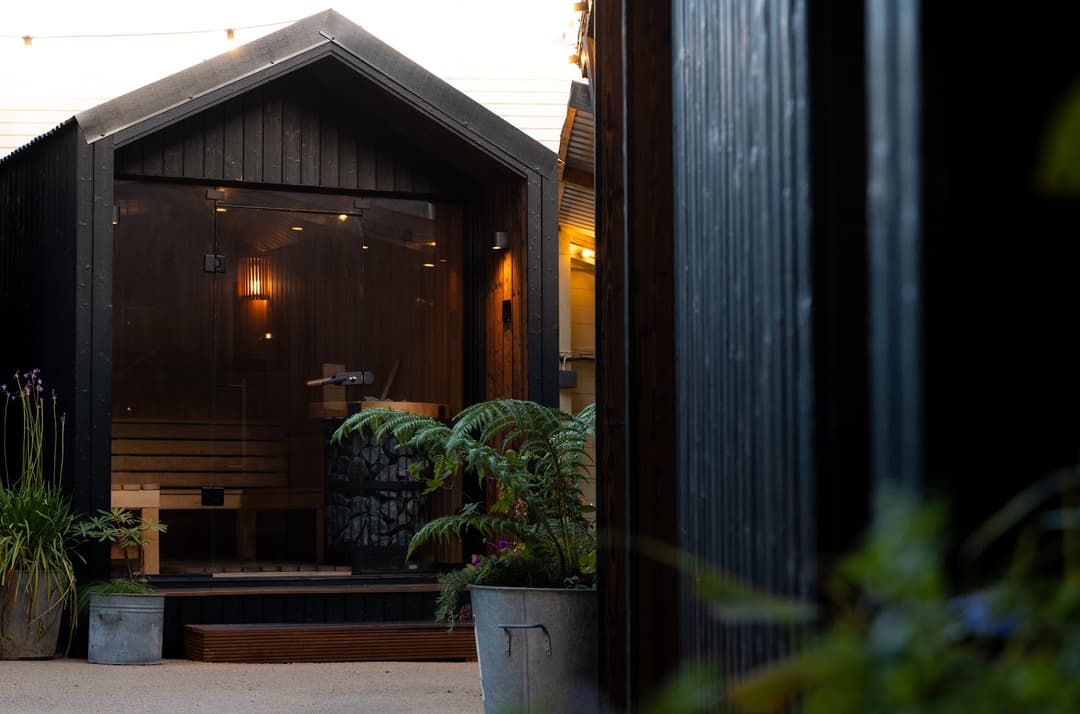 A dark wooden sauna with a glass door stands in an outdoor courtyard with potted plants.